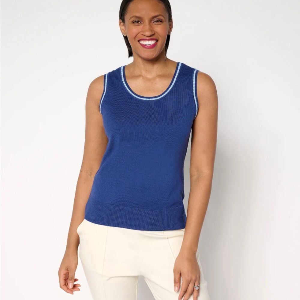 Isaac Mizrahi Live! Pointelle Stitch Trim Sleeveless Sweater Deep Blue 2X